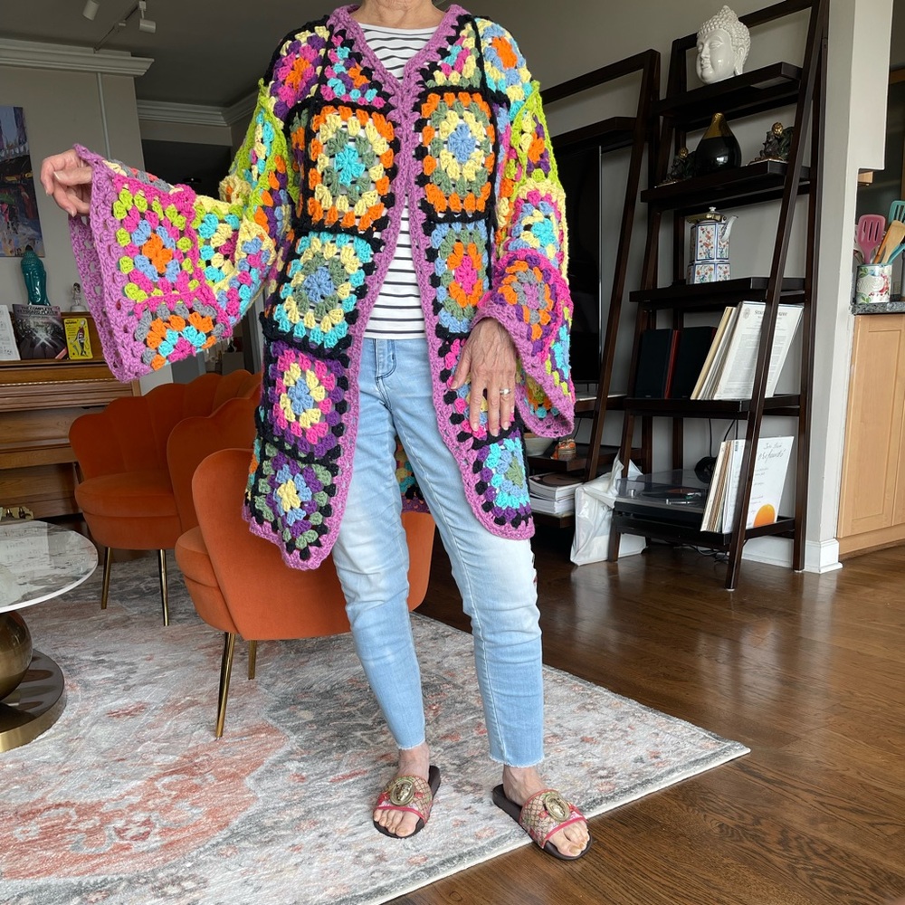 Handmade Multicolor Granny Square Crochet Cardigan Sweater